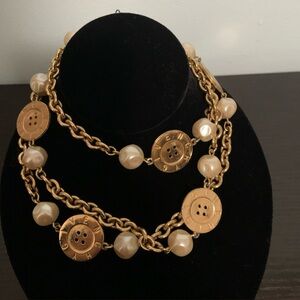 Vintage 80’s Givenchy Faux Pearl & Logo Button Gold Tone Long Necklace